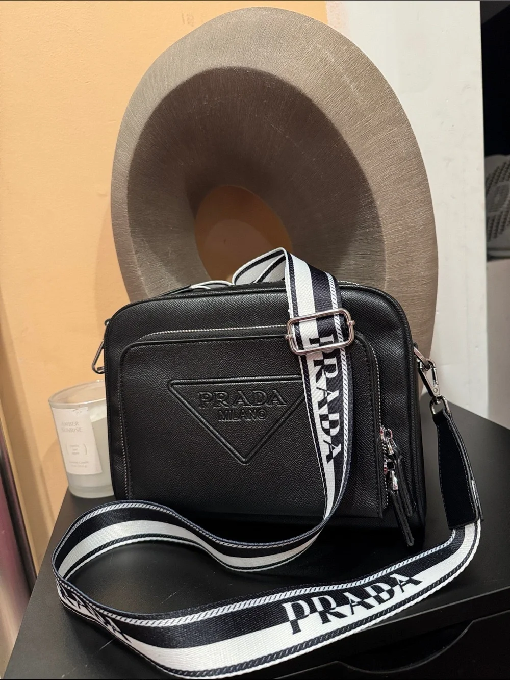 Prada Black Leather Messenger with Black & White Branded Strap
